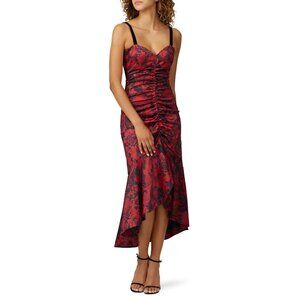 💖 Parker Mackay Satin Red and Black Printed Midi Cocktail Dress 8 💖